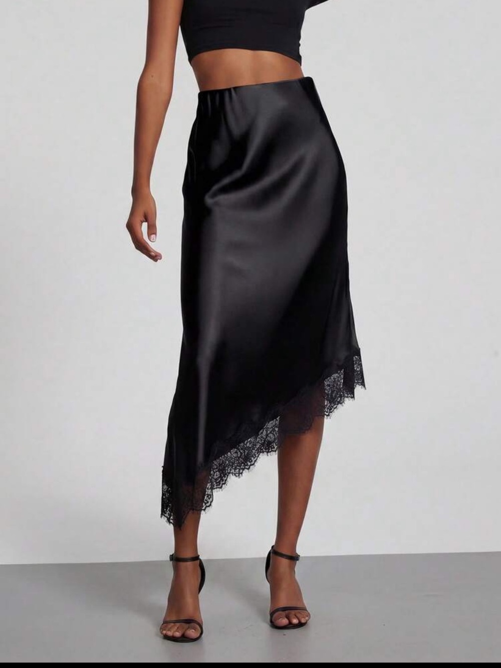 Satin Lace-Trim Asymmetrical High Rise Midi Skirt - Black - Picture 4 of 15